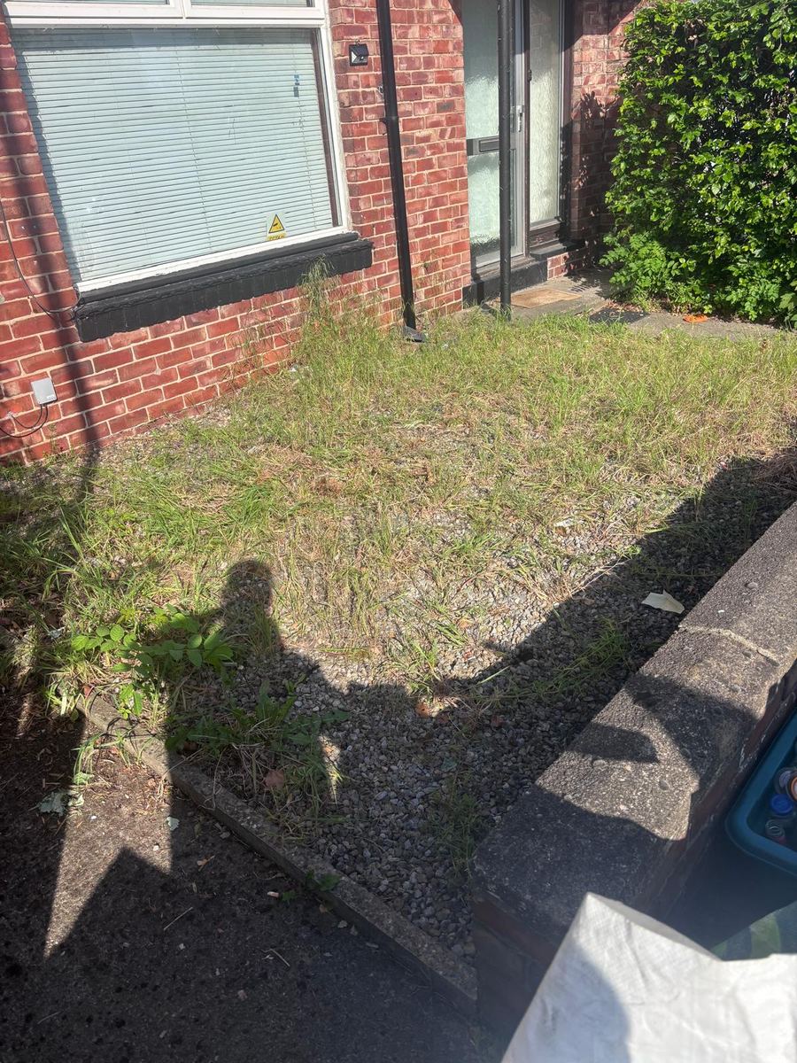 Before: gravel front garden overgrown with grass and weeds